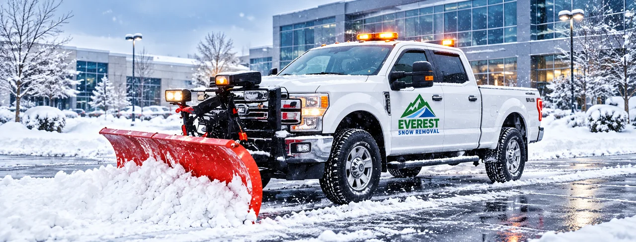 Commercial snow plow truck outside a snowy commercial property