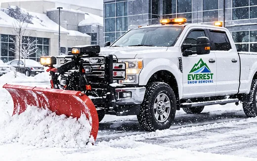 White snow plow clearing snow at a commercial property